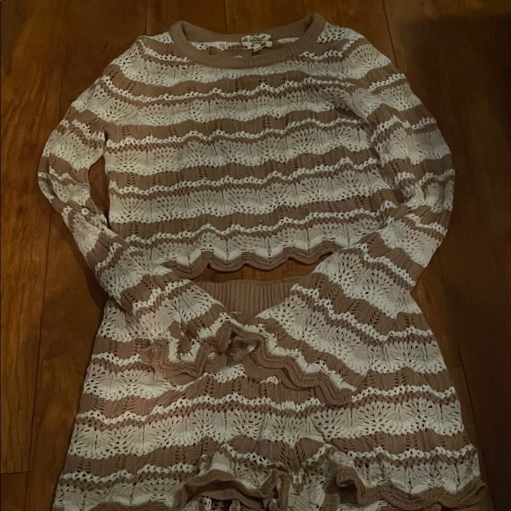 Striped Lace Long Sleeve Top and Shorts Set
